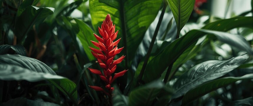 Lush green foliage surrounding vivid red Acalypha hispida flowers in a tropical houseplant environment