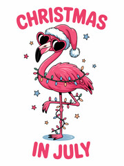 Obraz premium A vibrant pink flamingo is dressed up in festive holiday lights and a Santa hat. The words 'Christmas in July' add a fun twist.
