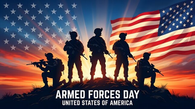Independent day patriotic scene us soldiers silhouetted against american flag stars
