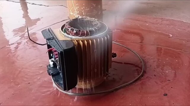 A technician uses a high-pressure water jet to thoroughly clean the remaining mud from the stator coil and motor casing.