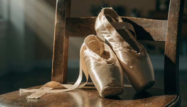 Close-up of worn satin ballet shoes with ribbons resting gracefully over a rustic wooden chair in a sunlit dance studio, symbolizing the hard work, practice, and dedication of a dedicated ballerina.