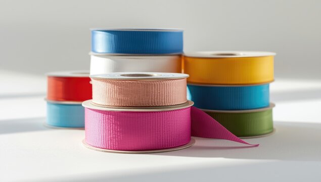 Glossy and matte ribbon spools in assorted colors stacked at various levels on white background for craft projects