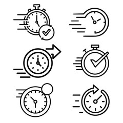 Fototapeta premium Chronometer, stopwatch, and timer line icons with checkmarks and arrows representing time optimization.
