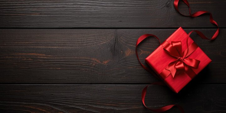 Top down view of a dark wooden surface with a striking red gift box wrapped in ribbon and space for text