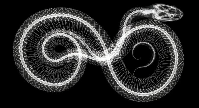 Detailed X-Ray Scan Imagery Revealing the Intricate Skeletal Structure and Vertebral Anatomy of a Coiled Serpent on Black Background