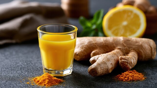 Healthy turmeric ginger lemon shot with fresh ingredients on a dark background