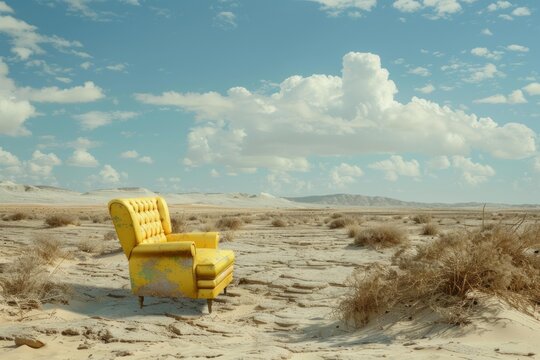 Comfortable yellow armchair placed in a dry desert landscape under a cloudy blue sky, conveying a sense of solitude and surrealism