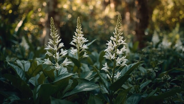 Lush garden scene with white pentas lanceolata in full flower