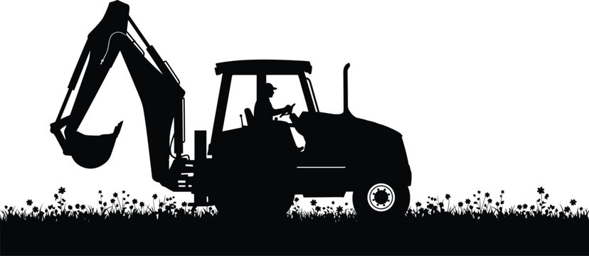 Black silhouette of backhoe loader construction equipment with operator in cab, excavation machinery illustration highlighting earthmoving work and design