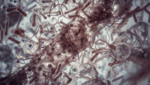 Microscopic focus on Gram method stained sputum revealing numerous white blood cells with rod shaped bacteria