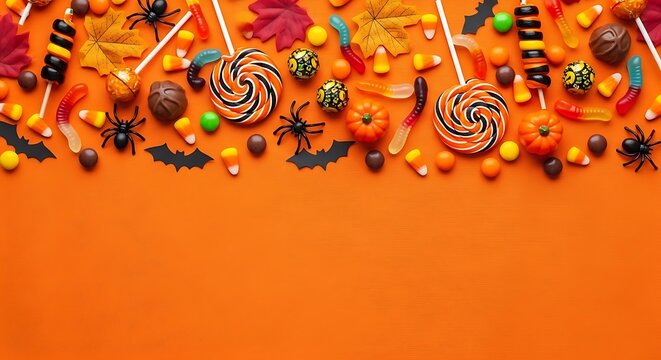 Halloween candy and decorations border on orange background