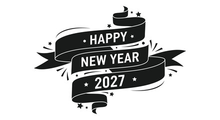 Ribbon banner with happy new year text and stars black silhouette © Creativeakash393