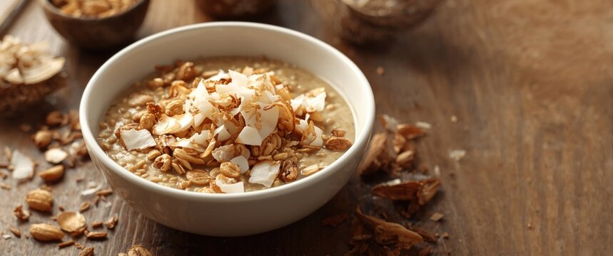 Wholesome amaranth muesli breakfast with coconut flakes