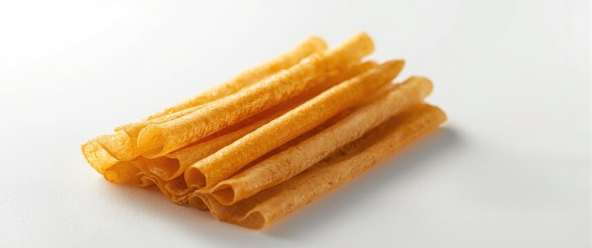 Sweet egg roll Kue Semprong thin crepes displayed on plain white background