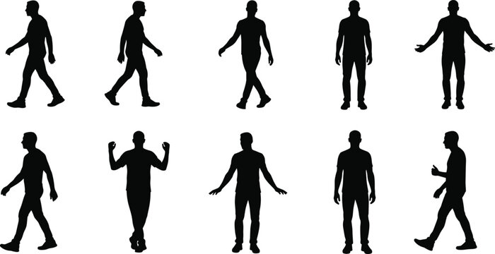 Black silhouettes of ten standing people in varied poses and gestures, illustration highlighting human posture, movement, and body language design