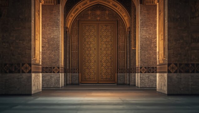 Standing view of large mosque doors with geometric motifs