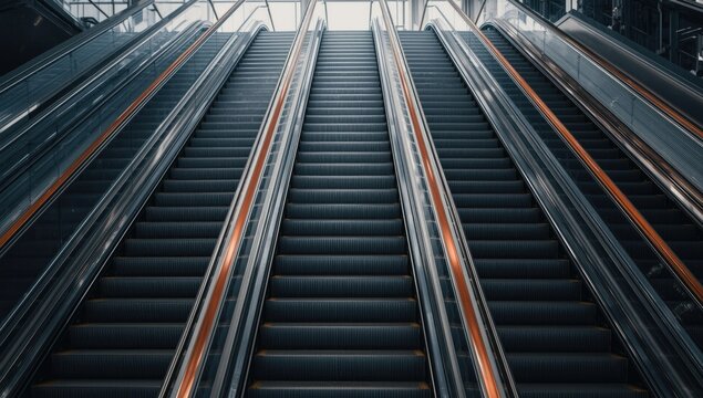 Row of metal escalators with wooden handrails offering up and down access in a high rise