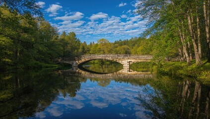 Fototapeta premium Still lake with an old bridge encircled by vibrant woodland under a clear sky scattered with soft clouds