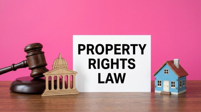 Property rights law concept with wooden judge gavel, house model and government building icon on pink background, real estate legal services