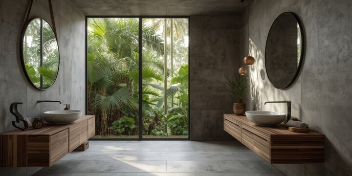 Modern loft bathroom with concrete tile walls and floor plus circular mirror overlooking tropical greenery