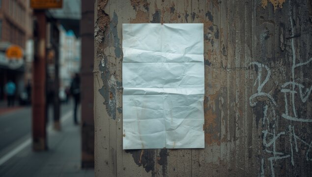Urban street wall showing white wrinkled paper poster with blank wheatpaste