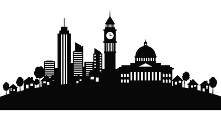 Fototapeta premium City skyline with buildings and clock tower black silhouette