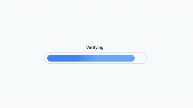 Animated verifying progress bar with smooth fill movement on a clean background. Ideal for authentication, validation, security checks, account verification, data confirmation, and technology interfac
