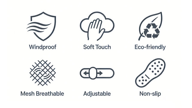 Shield, palm, and sole icons represent windproof, soft mesh, breathable, adjustable anti slip, suitable for outdoor jackets and sports insoles.
