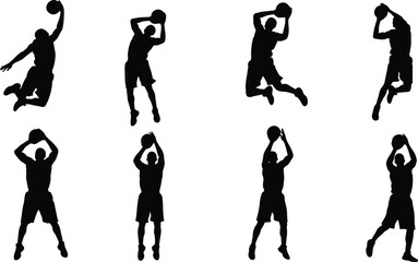 Eight dynamic athlete silhouettes of basketball players, depicting dunking, shooting, and ball‑holding motions with bold expressive outlines for sports design © bipul stok