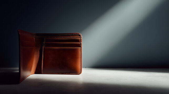 Open empty brown leather wallet on a light surface in stark light