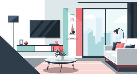 Fototapeta premium Modern living room interior vector illustration, minimalist apartment lounge with sofa and television, contemporary home decor with city view