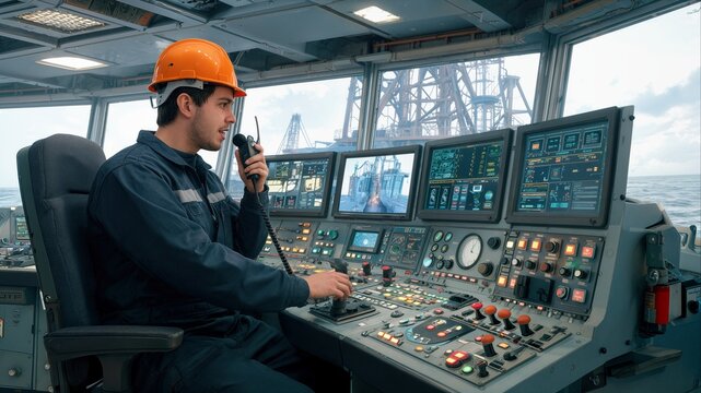 Vessel navigator speaking into radio while monitoring offshore operations from bridge console. Maritime safety and coordination at sea.