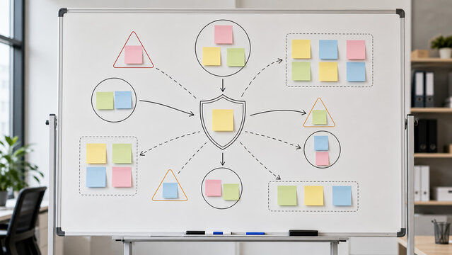 Design thinking workshop ideas on office whiteboard