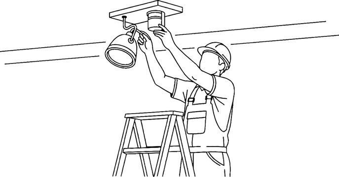 Electrician repairing ceiling light fixture on ladder.