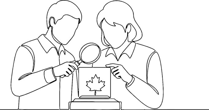 Couple examining important document with magnifying glass together.