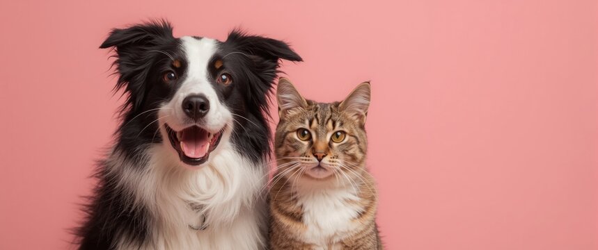 Friendly border collie sheepdog and tabby cat with pastel pink background scene
