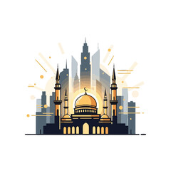 A golden temple stands before a modern city skyline at sunset © Gigi