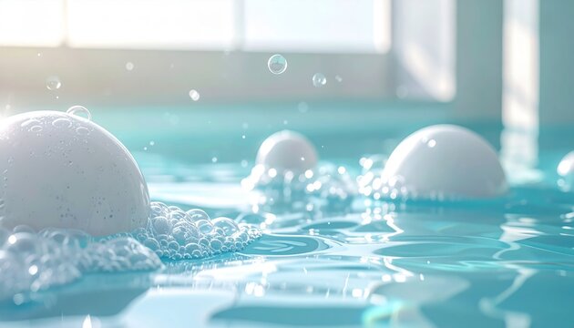 Swimming pool with white balls floating.