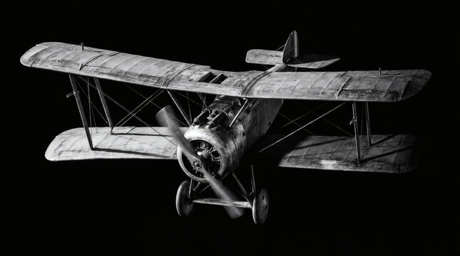 Vintage biplane aircraft on black background.