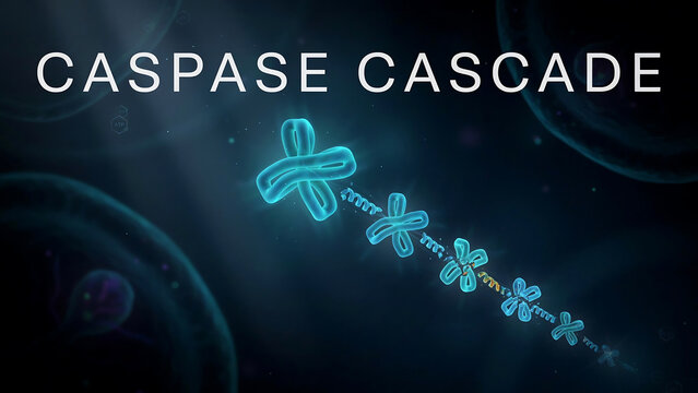Caspase cascade biochemical process with blue glowing proteins and molecular structures in a dark cellular environment