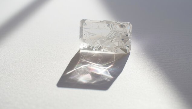 Vibrant rainbow and complex shadow shapes created by a crystal prism illuminated by direct light on paper