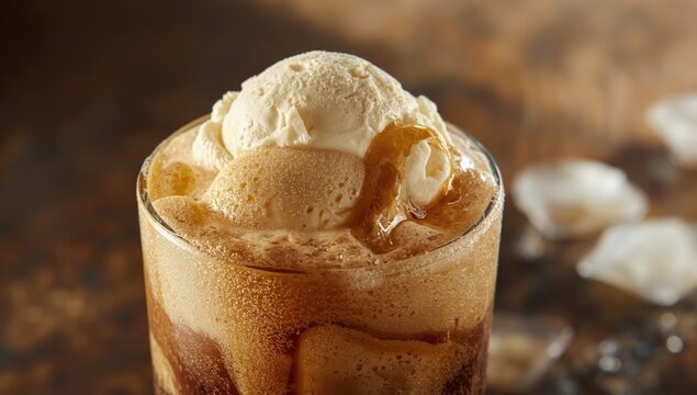Root Beer Float Dessert with Cold Ice Cream and Bubbling Root Beer
