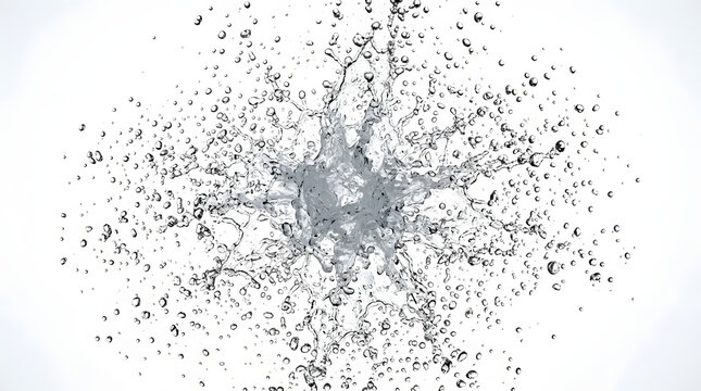 Dynamic Water Splash Explosion: An explosive burst of clear water, frozen in time, creating intricate patterns and droplets against a clean white backdrop.