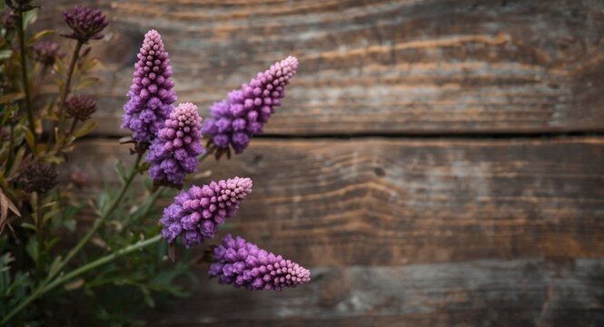 Purple and pink Calluna vulgaris flowers blooming on rustic wooden background with seasonal gardening theme