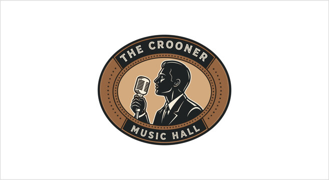 Vintage Crooner Music Hall Logo with Singer and Microphone.