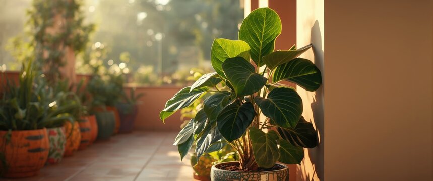 Vibrant fiddle leaf fig plant with emerging leaves set on terrace with assorted bright potted plants and warm lighting