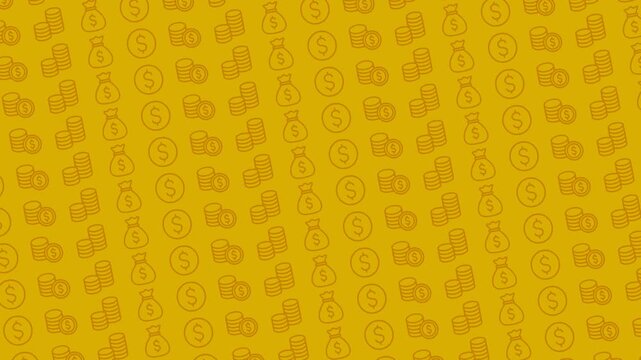 Coins doodle seamless loop background. 2D flat animated line art footage featuring repeating dollar coins and money bags sliding diagonally on golden backdrop.