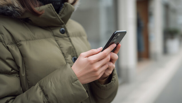 街角で緑のコートの日本人女性がスマートフォン決済を確認する風景