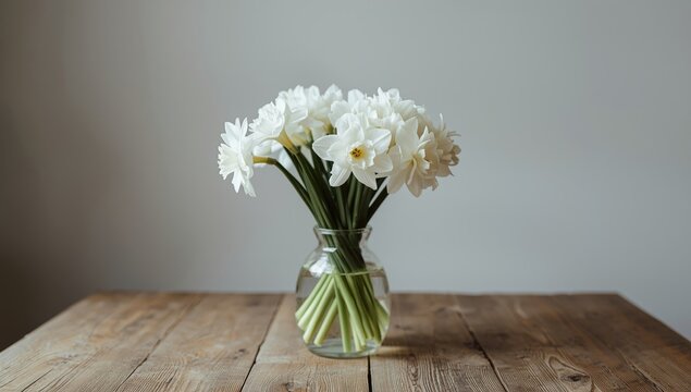 White paperwhite narcissus blooms in a minimal vase placed on an aged wooden table bringing natural freshness