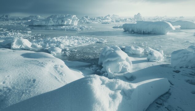 Snow laden icy landscape featuring hummocks and several floating ice floes